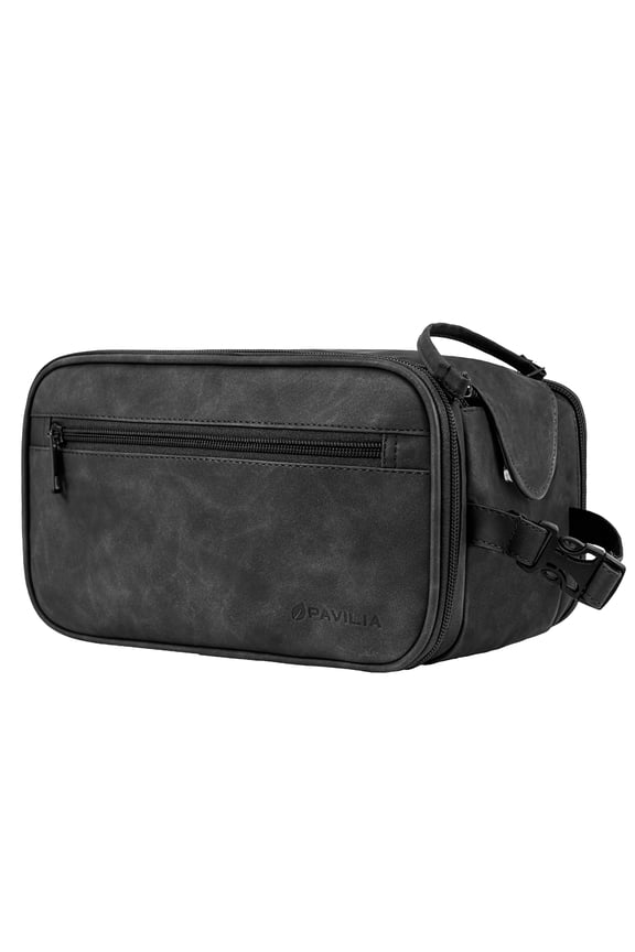 Toiletry Bag for Men Women, Mens Travel Bag Toiletries Organizer Case for Grooming, Travel Essentials Shaving Dopp Kit, PU Leather Water Resistant Cosmetic Pouch, Black