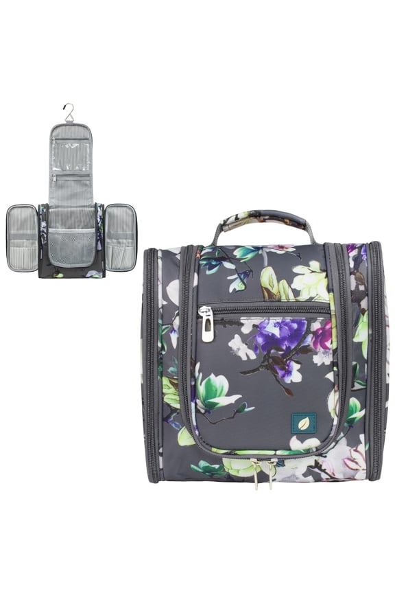Toiletry Bag Travel Bag for Women Men, Hanging Cosmetic Organizer, Water Resistant Makeup Bag for Accessories Toiletries, Large Travel Essentials Kit (Floral Grey)
