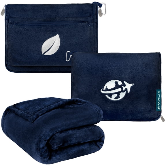 PAVILIA Travel Blanket and Pillow,  Arms Opening Airplane Blankets for Adults, Compact Plane Blanket with Arm Hole 2-in-1 Bag for Flight Car Camping Fit in Luggage Backpack Traveler Gift, Navy Blue