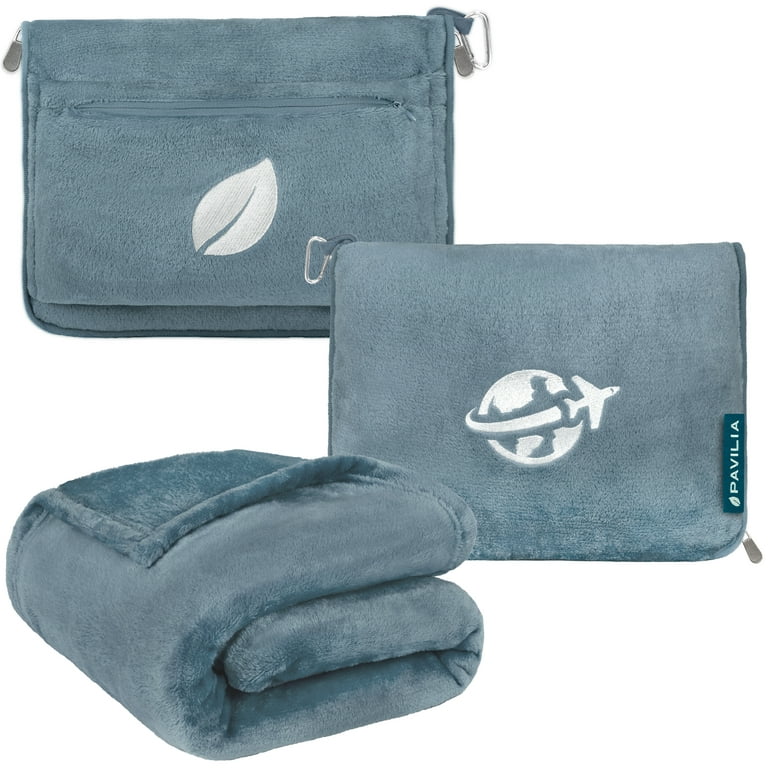 PAVILIA Travel Blanket and Pillow Set, Airplane Blanket Compact 2-in-1 Soft  Bag, Travel Essentials for Adult Flight, Portable Throw with Arm Hole,  Plane Car Traveling Gift Accessories, Blue 