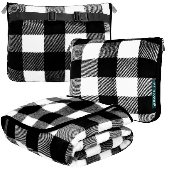 PAVILIA Travel Blanket Pillow, Soft Airplane Blanket 2-IN-1 Combo Set, Plane Blanket Compact Packable, Flight Essentials Car Pillow, Travelers Gifts Accessories, Backpack Strap, 60x43 Checker White