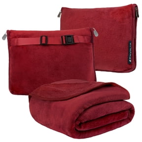 PAVILIA Travel Blanket Pillow, Soft Airplane Blanket 2-IN-1 Combo Set, Plane Blanket Compact Packable, Flight Essentials Car Pillow, Travelers Gifts Accessories, Luggage Backpack Strap, 60x43 Red