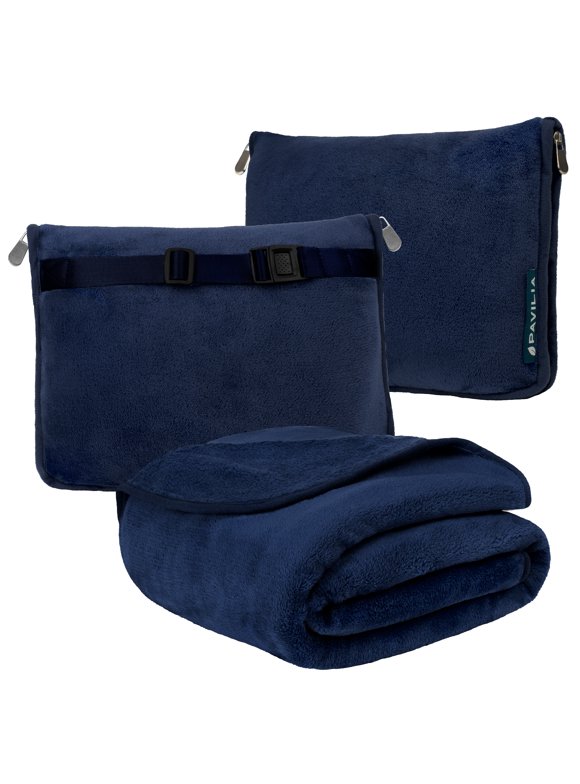 PAVILIA Travel Blanket Pillow, Soft Airplane Blanket 2-IN-1 Combo Set, Plane Blanket Compact Packable, Flight Essentials Car Pillow, Travelers Gifts Accessories Luggage Backpack Strap, 60x43 Navy Blue