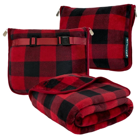 PAVILIA Travel Blanket Pillow, Soft Airplane Blanket 2-IN-1 Combo Set, Plane Blanket Compact Packable, Flight Essential Car Pillow, Travelers Gift Accessories Luggage Backpack Strap, 60x43 Checker Red
