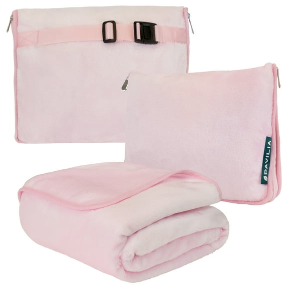 PAVILIA Travel Blanket Pillow, Soft Airplane Blanket 2-IN-1 Combo Set, Plane Blanket Compact Packable, Flight Essentials Car Pillow, Travelers Gifts Accessories, Luggage Backpack Strap, 60x43 Pink