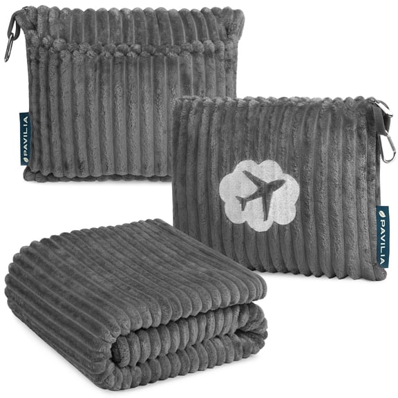 PAVILIA Travel Blanket Pillow in Soft Bag with Pockets, Airplane Blanket Set, Plane Blanket Compact Packable, Flight Essentials Car Pillow, Travelers Accessories Gifts, Luggage Strap, Grey