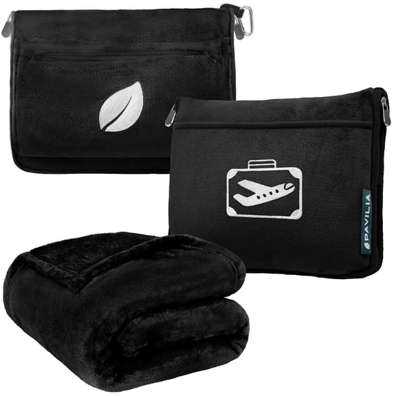 PAVILIA Travel Blanket Pillow in Soft Bag with Pockets, Airplane Blanket Set, Plane Blanket Compact Packable, Flight Essentials Car Pillow, Travelers Accessories Gifts, Luggage Strap, Black