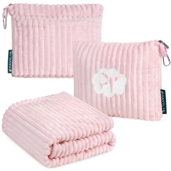 PAVILIA Travel Blanket Pillow, Soft Ribbed Fleece Airplane Blanket, Pink