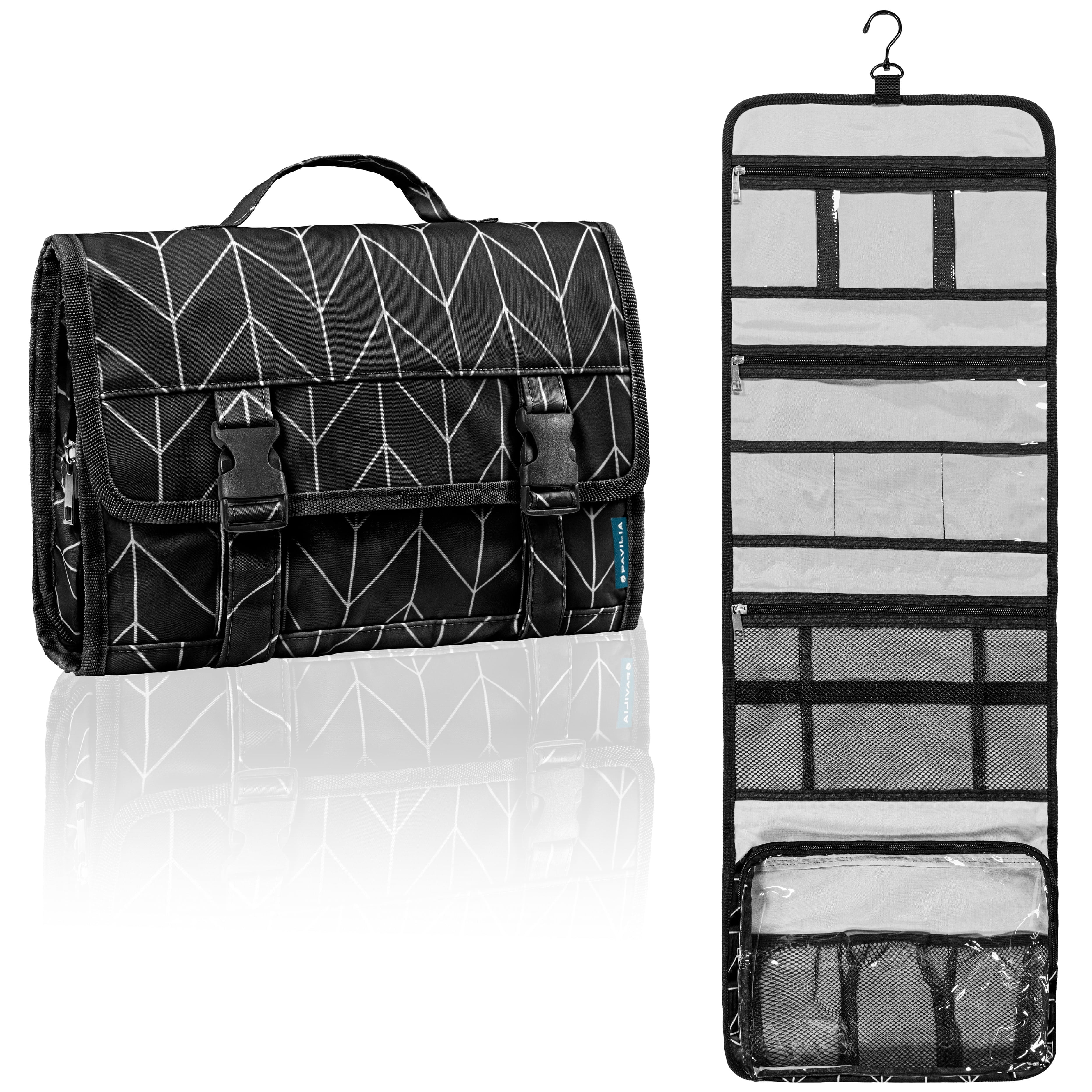 PAVILIA Travel Hanging Toiletry Bag for Women Men, Extra Large Capacity Makeup Bag Kit, Waterproof Cosmetic Storage Organizer Case for Bathroom Shower, Black Chevron