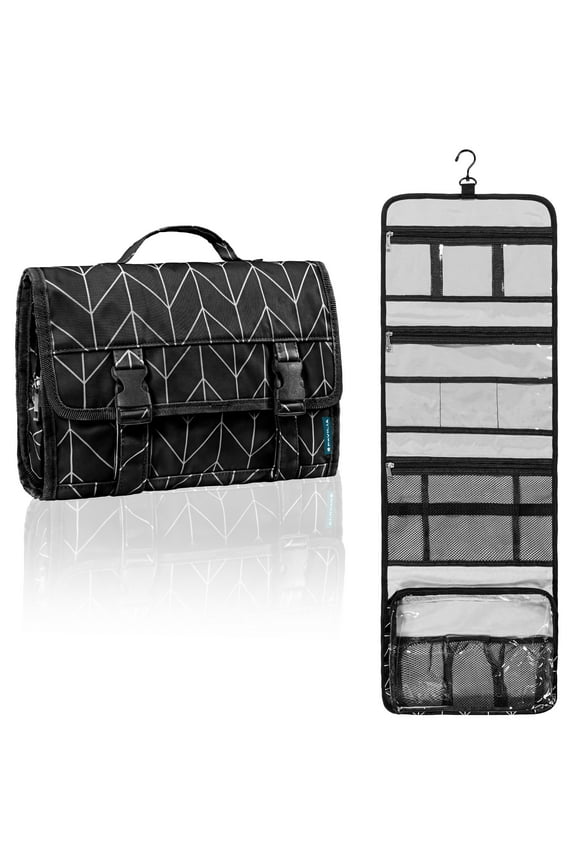 Travel Hanging Toiletry Bag for Women Men, Extra Large Capacity Makeup Bag Kit, Waterproof Cosmetic Storage Organizer Case for Bathroom Shower, Black Chevron