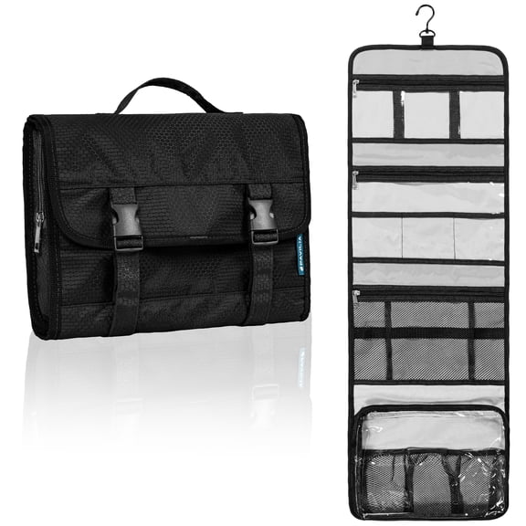 PAVILIA Travel Hanging Toiletry Bag for Women Men, Extra Large Capacity Makeup Bag Kit, Waterproof Cosmetic Storage Organizer Case for Bathroom Shower, Black