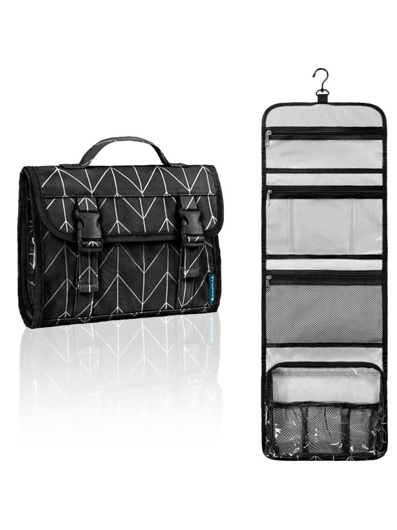 Travel Hanging Toiletry Bag for Women Men, Large Capacity Makeup Bag Kit, Waterproof Cosmetic Storage Organizer Case for Bathroom Shower, Black Chevron