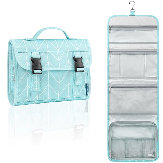 PAVILIA Travel Hanging Toiletry Bag for Women Men, Large Capacity Makeup Bag Kit, Waterproof Cosmetic Storage Organizer Case for Bathroom Shower, Teal Chevron