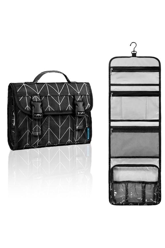 Travel Hanging Toiletry Bag for Women Men, Large Capacity Makeup Bag Kit, Waterproof Cosmetic Storage Organizer Case for Bathroom Shower, Black Chevron