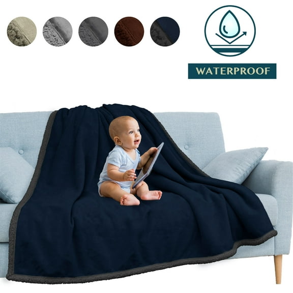 PAVILIA WATERPROOF Blanket For Couch, Sofa | Waterproof Dog Blanket for Large Dog, Puppy, Cat | Pet Blanket Protector | Plush Soft Warm Fuzzy Sherpa Blanket Bed Throw, Navy, 60x80