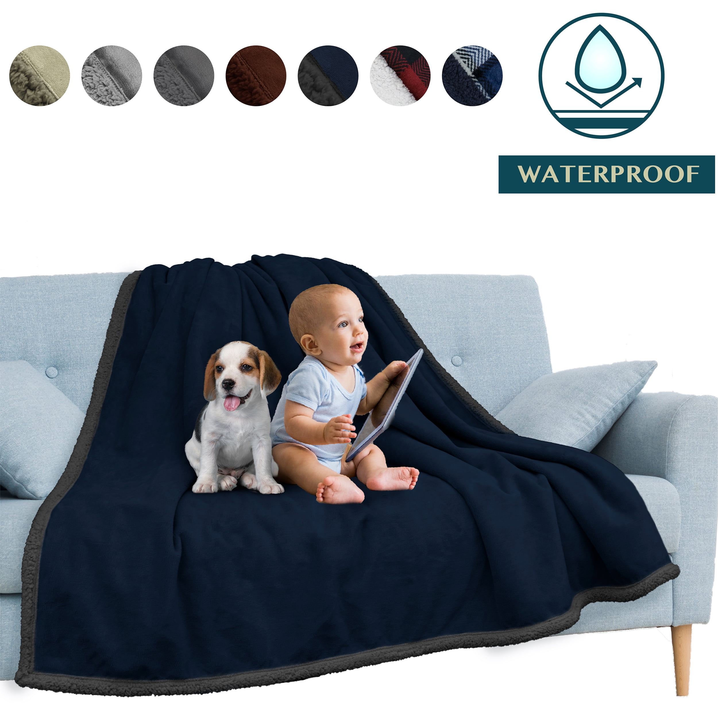 PAVILIA WATERPROOF Blanket For Couch, Sofa | Waterproof Dog Blanket for Large Dog, Puppy, Cat | Pet Blanket Protector | Plush Soft Warm Fuzzy Sherpa Blanket Bed Throw, Navy, 90x90