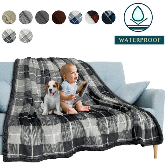 PAVILIA WATERPROOF Blanket For Couch, Sofa | Waterproof Dog Blanket for Large Dog, Puppy, Cat | Pet Blanket Protector | Plush Soft Warm Fuzzy Sherpa Blanket Bed Throw, Plaid Grey, 60x80