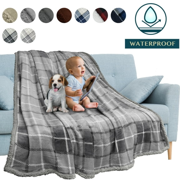 PAVILIA WATERPROOF Blanket For Couch, Sofa | Waterproof Dog Blanket for Large Dog, Puppy, Cat | Pet Blanket Protector | Plush Soft Warm Fuzzy Sherpa Blanket Bed Throw, Plaid Light Grey, 60x80