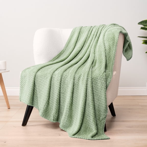 PAVILIA Sage Green Throw Blanket for Couch Bed, Soft Fleece Throws for Sofa Chair, Fuzzy Waffle Textured Blanket, Cozy Warm Lightweight All Season Blanket Throw, 50x60