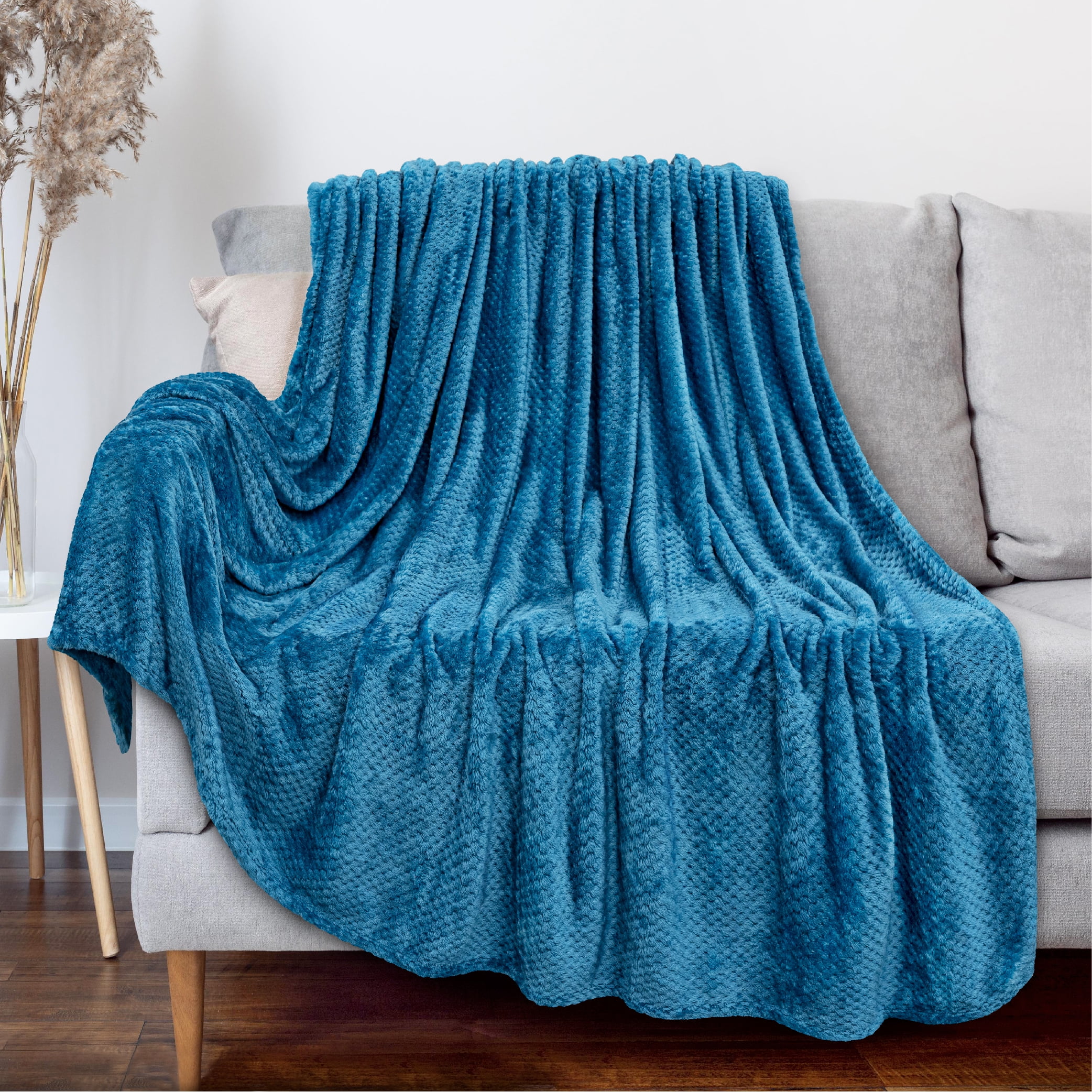 PAVILIA Premium Flannel Fleece Waffle Textured Throw Blanket Lightweight All Season Teal Blue 50x60 Walmart