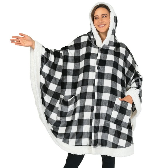 PAVILIA Wearable Blanket for Adult Women, Cozy Plush Fleece Blanket Poncho Cape with Hood, Super Soft Shawl, Angel Wrap Throw for Office, Black and White Buffalo Plaid Checkered