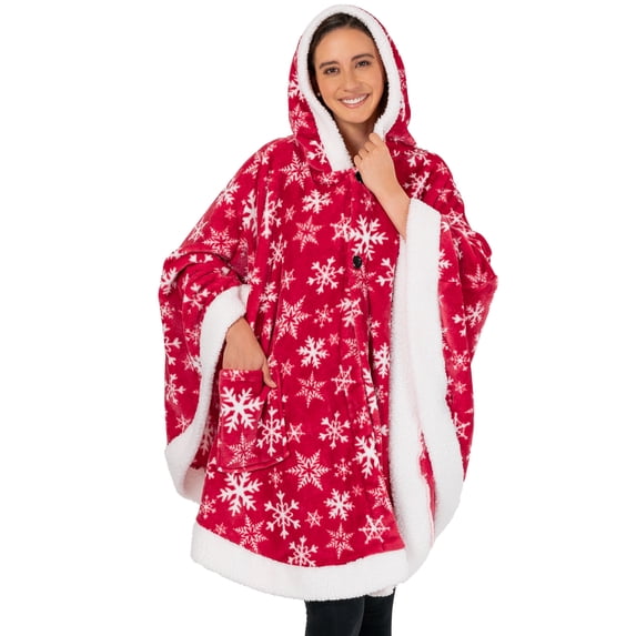 PAVILIA Wearable Blanket for Adult Women, Cozy Plush Fleece Blanket Poncho Cape with Hood, Super Soft Shawl, Angel Wrap Throw for Office, Snowflake Red