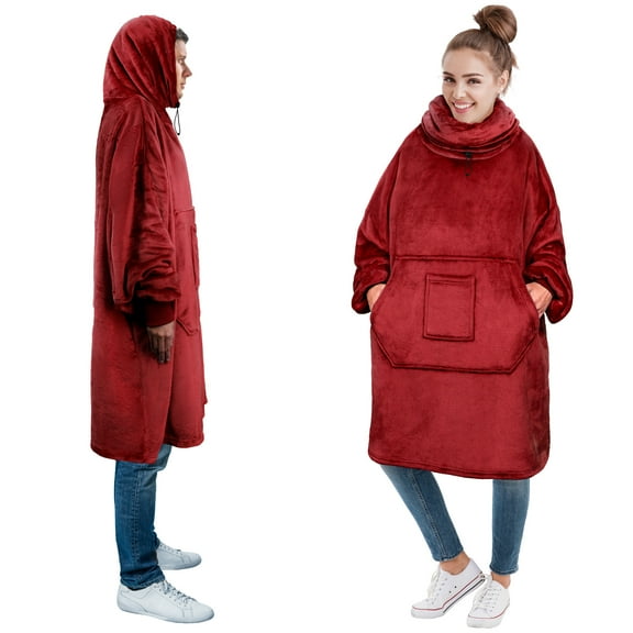 PAVILIA Wearable Blanket Hoodie for Women Men, Oversized Hoodie Sweatshirt Blanket, Hooded Sweater Blanket Neck Warmer, Fleece Soft Hug Sleep Pod Adult, Cozy Warm Plush Gift Ideas for Mom Wife, Red