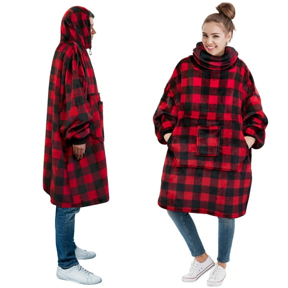 PAVILIA Wearable Blanket Hoodie for Women Men, Oversized Hoodie Sweatshirt Blanket, Hooded Sweater Blanket Neck Warmer, Fleece Soft Hug Sleep Pod Adult, Cozy Warm Plush Gift Idea Mom Wife, Checker Red