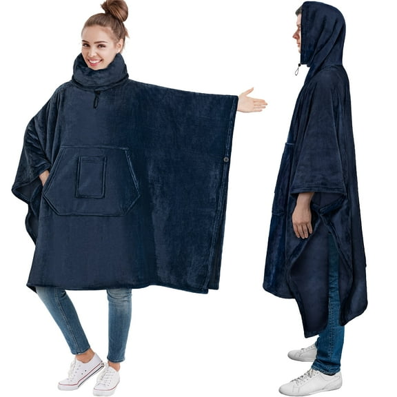 PAVILIA Wearable Blanket Poncho for Women Men, Oversized Hoodie Sweatshirt Poncho Blanket, Hooded Sweater Wrap Cape Neck Warmer, Fleece Soft Hug Sleep Pod Adult, Cozy Warm Gift Ideas Sister, Navy Blue