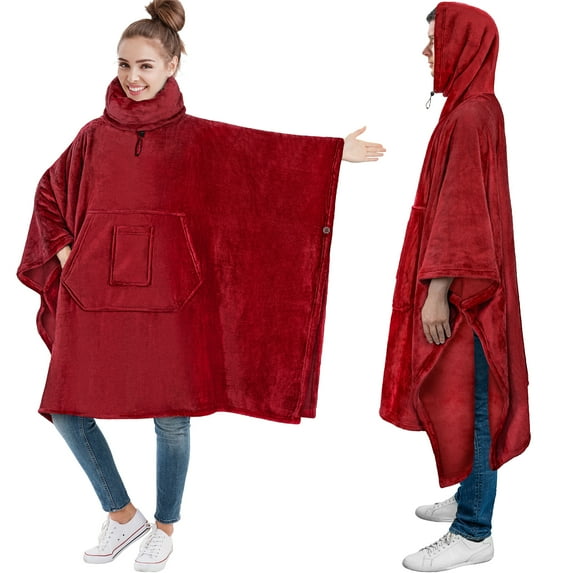 PAVILIA Wearable Blanket Poncho for Women Men, Oversized Hoodie Sweatshirt Poncho Blanket, Hooded Sweater Wrap Cape Neck Warmer, Fleece Soft Hug Sleep Pod Adult, Cozy Warm Gift Ideas for Sister, Red