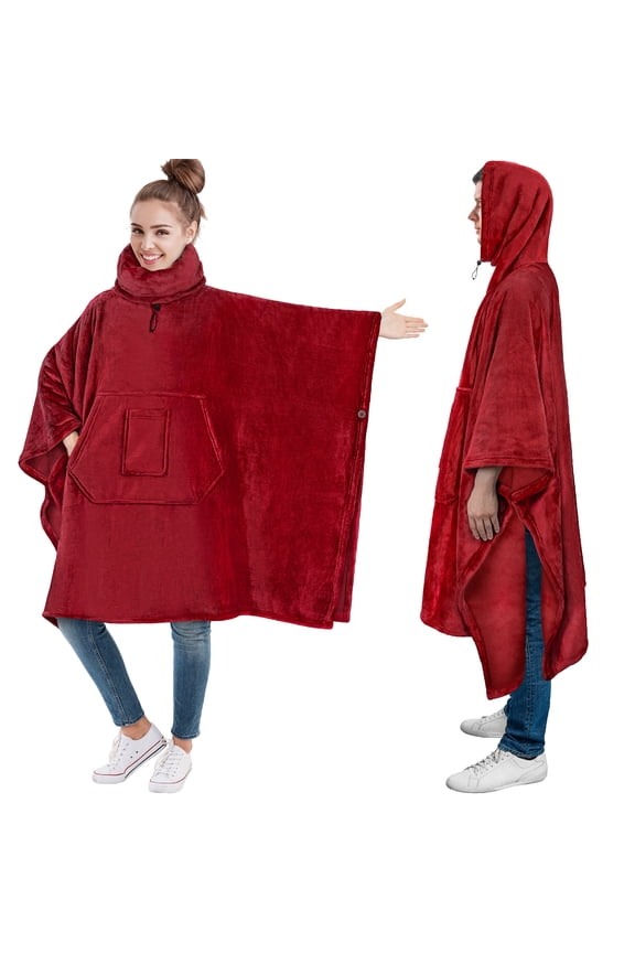 Wearable Blanket Poncho for Women Men, Oversized Hoodie Sweatshirt Poncho Blanket, Hooded Sweater Wrap Cape Neck Warmer, Fleece Soft Hug Sleep Pod Adult, Cozy Warm Gift Ideas for Sister, Red