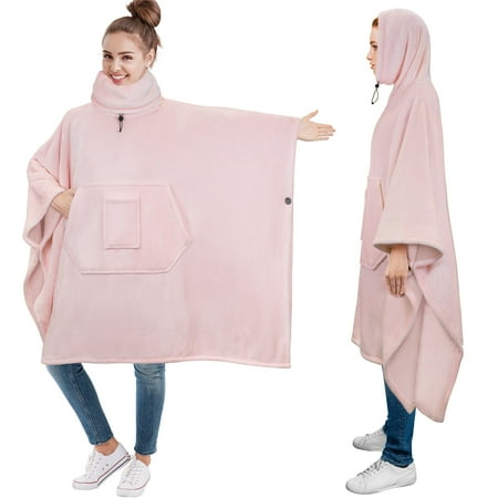 PAVILIA Wearable Blanket Poncho for Women Men, Oversized Hoodie Sweatshirt Poncho Blanket, Hooded Sweater Wrap Cape Neck Warmer, Fleece Soft Hug Sleep Pod Adult, Cozy Warm Gift Ideas for Sister, Pink