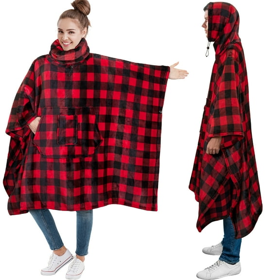 PAVILIA Wearable Blanket Poncho Women Men, Oversized Hoodie Sweatshirt Poncho Blanket, Hooded Sweater Wrap Cape Neck Warmer, Fleece Soft Hug Sleep Pod Adult, Cozy Warm Gift Ideas Sister, Checker Red