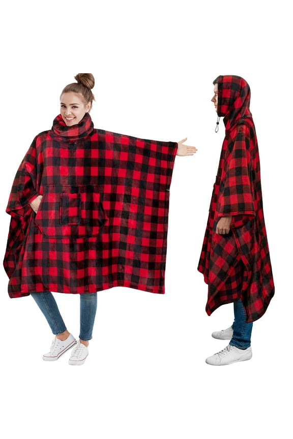 Wearable Blanket Poncho Women Men, Oversized Hoodie Sweatshirt Poncho Blanket, Hooded Sweater Wrap Cape Neck Warmer, Fleece Soft Hug Sleep Pod Adult, Cozy Warm Gift Ideas Sister, Checker Red