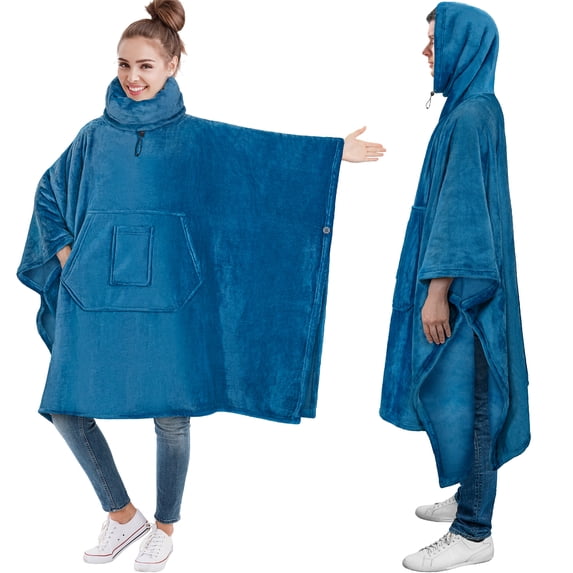 PAVILIA Fleece Wearable Blanket Poncho, Oversized Hoodie Adults, Teal Blue