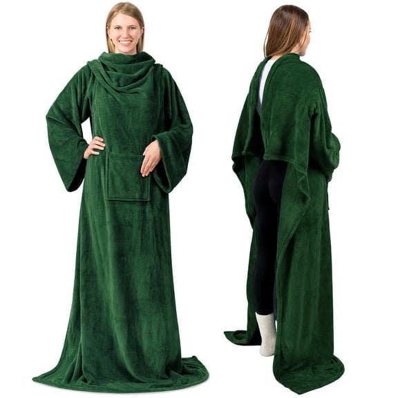 PAVILIA Wearable Blanket with Sleeves for Adult Women Men, Cozy Fleece Warm Wrap Throw Blanket with Arms, Pocket, Gifts for Christmas, Wife, Emerald Green