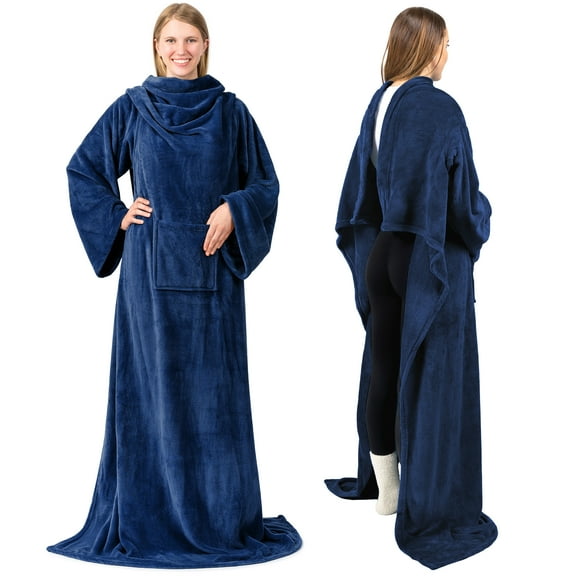 PAVILIA Wearable Blanket with Sleeves for Adult Women Men, Cozy Fleece Warm Wrap Throw Blanket with Arms, Pocket, Gifts for Christmas, Wife, Navy Blue