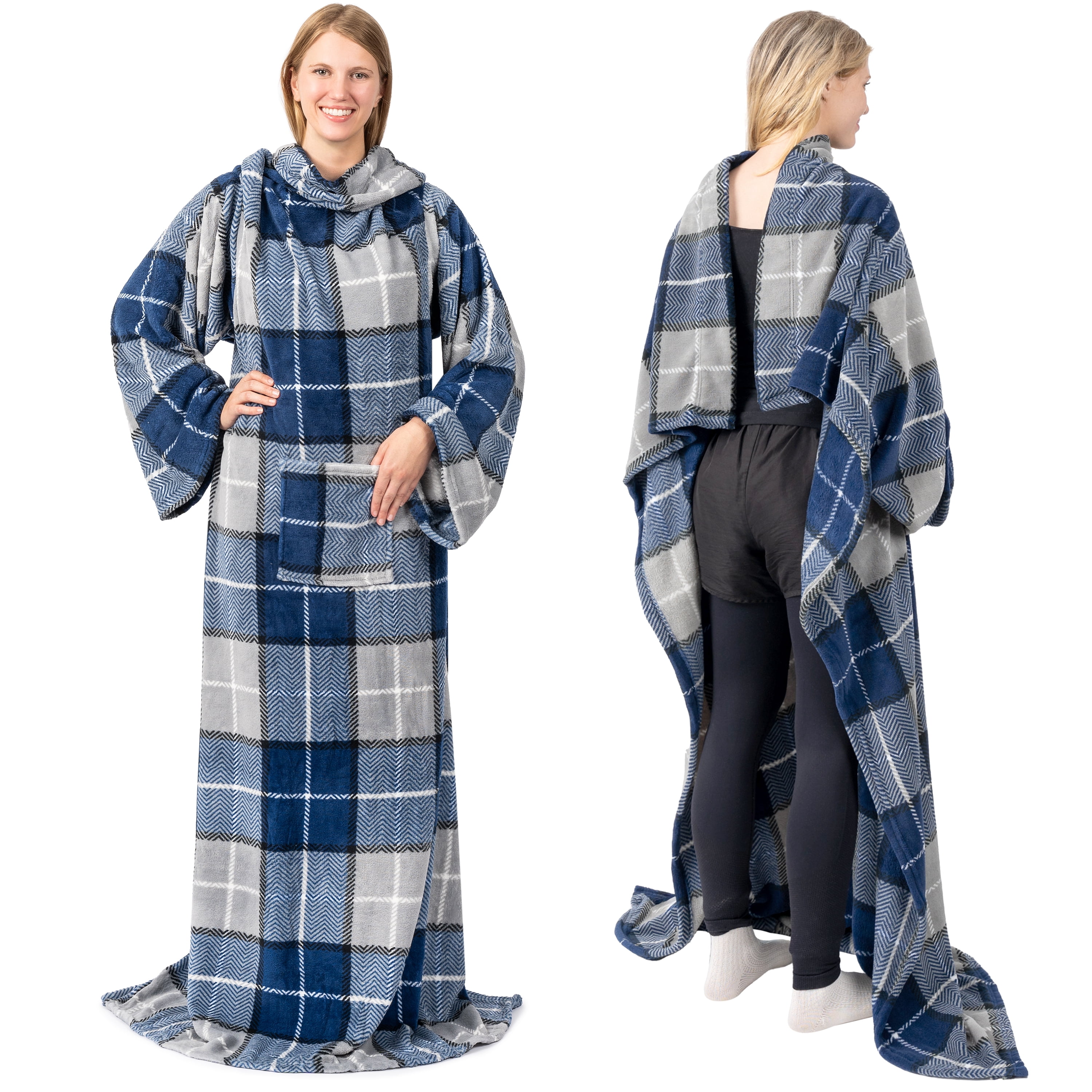 Plaid Navy Fleece Wearable Blanket with Sleeves and Pocket