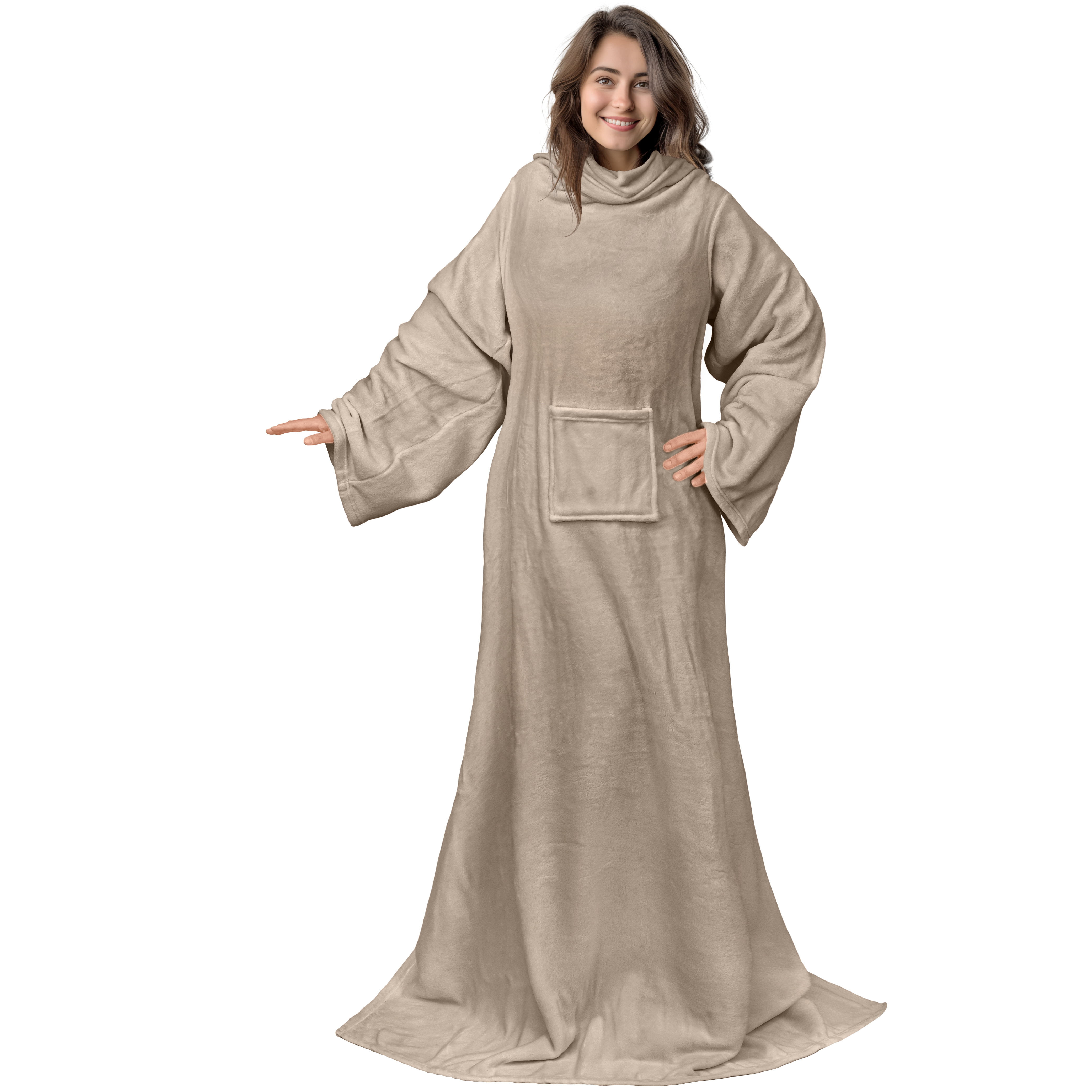 Taupe Fleece Wearable Blanket with Sleeves and Pocket