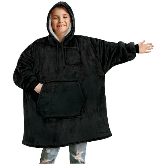 PAVILIA Wearable Blanket Sweatshirt for Kids Boy Girl Black, Warm Cozy Giant Blanket Hoodie, Fleece Sherpa Oversized Blanket Sweatshirt with Sleeves, Big Pocket, Christmas Gift