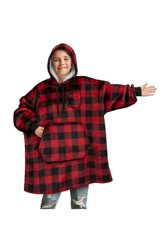 Wearable Blanket Sweatshirt for Kids Boy Girl Checker Black Red, Warm Cozy Giant Blanket Hoodie, Fleece Sherpa Oversized Blanket Sweatshirt with Sleeves, Big Pocket, Christmas Gift