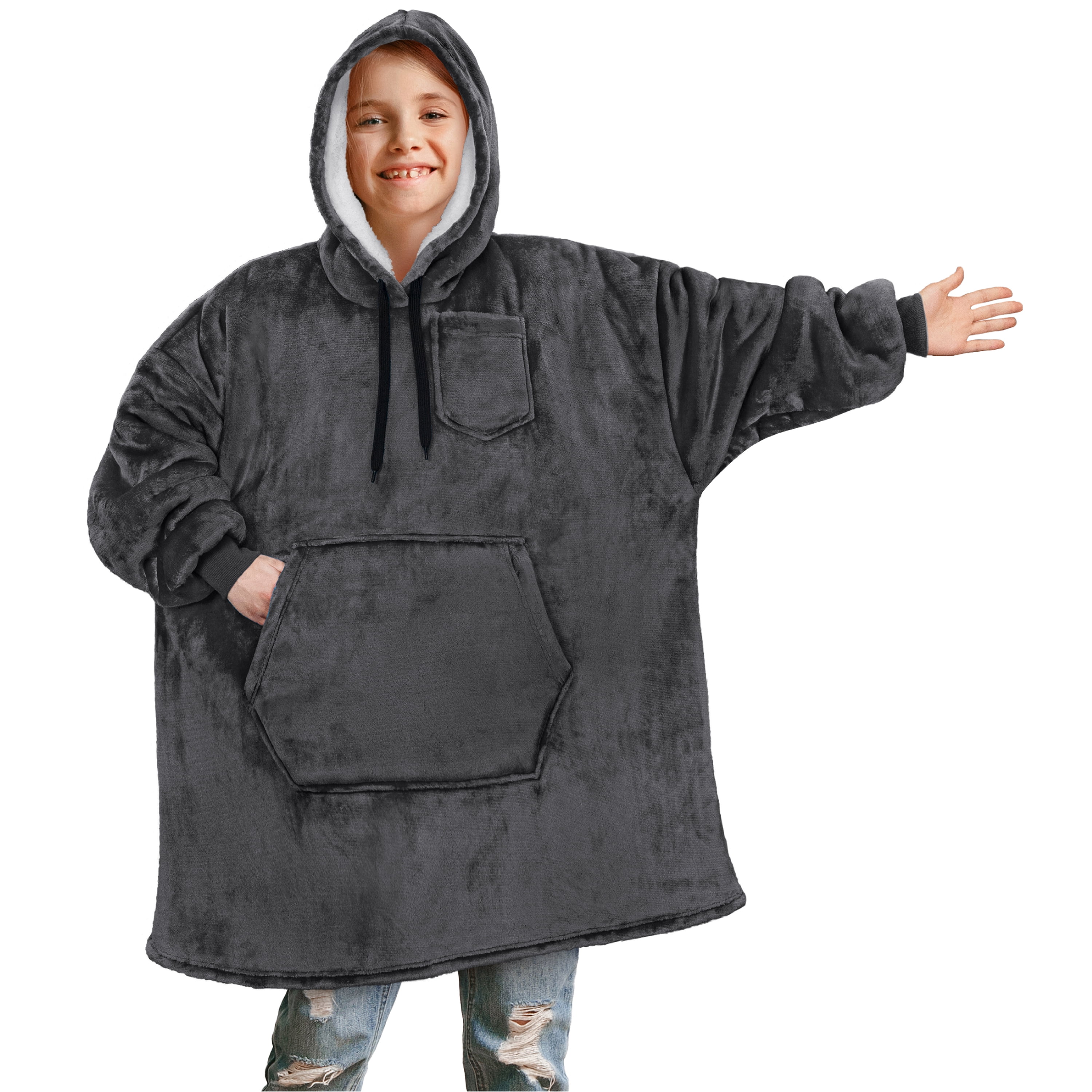 PAVILIA Wearable Blanket Sweatshirt for Kids Boy Girl Dark Grey Charcoal, Warm Cozy Giant Blanket Hoodie, Fleece Sherpa Oversized Blanket Sweatshirt with Sleeves, Big Pocket, Christmas Gift