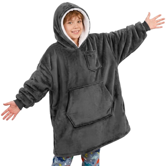 PAVILIA Fleece Sherpa Wearable Blanket Sweatshirt Hoodie for Kids Dark Gray