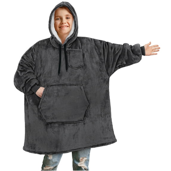 PAVILIA Wearable Blanket Sweatshirt for Kids Boy Girl Dark Grey Charcoal, Warm Cozy Giant Blanket Hoodie, Fleece Sherpa Oversized Blanket Sweatshirt with Sleeves, Big Pocket, Christmas Gift