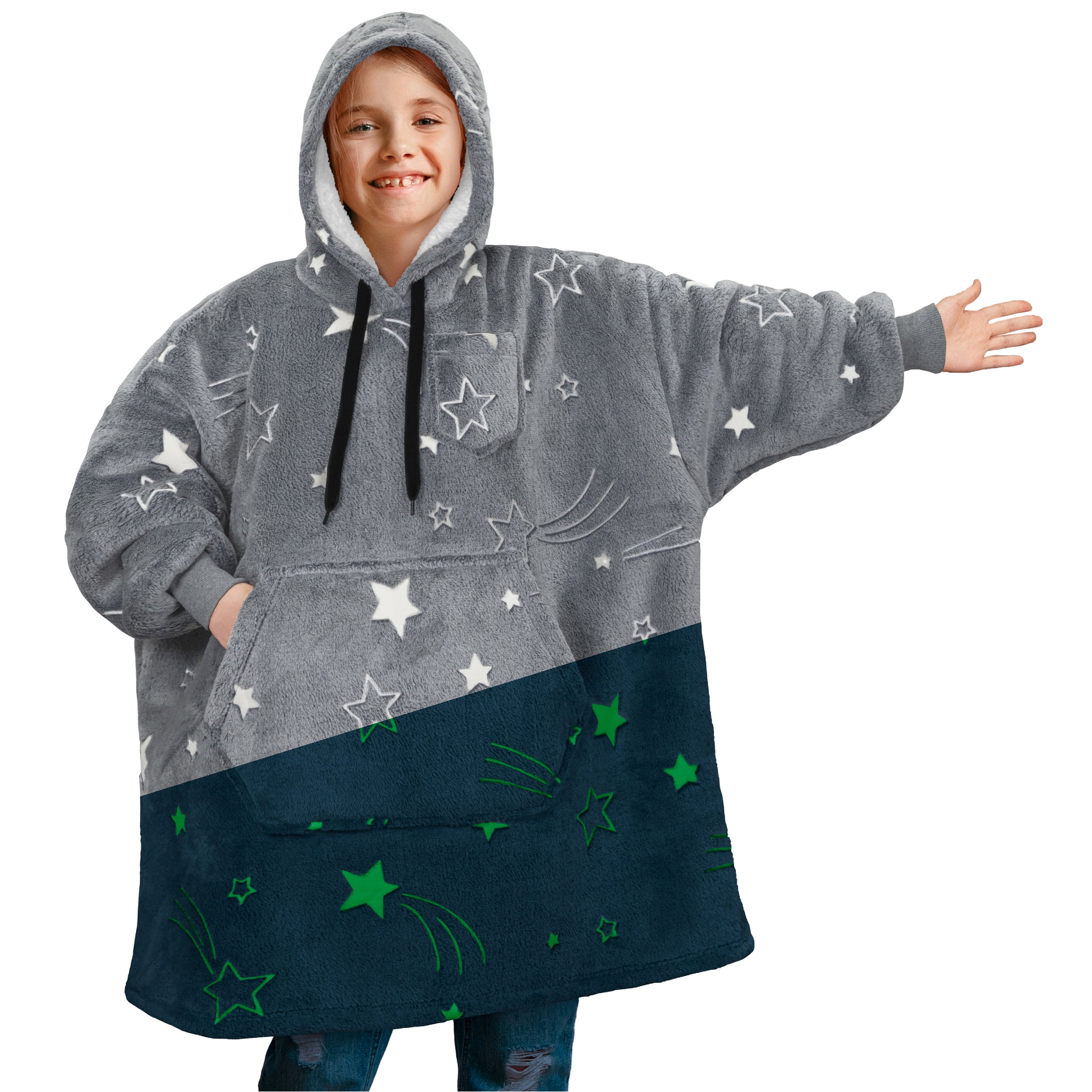 PAVILIA Wearable Blanket Sweatshirt for Kids Boy Girl Glow in the Dark Star, Warm Cozy Giant Blanket Hoodie, Fleece Sherpa Oversized Blanket Sweatshirt with Sleeves, Big Pocket, Christmas Gift