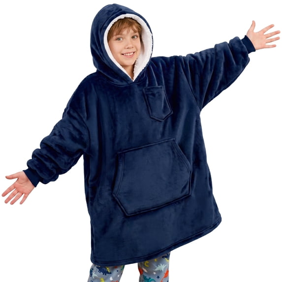 PAVILIA Fleece Sherpa Wearable Blanket Sweatshirt Hoodie for Kids, Navy