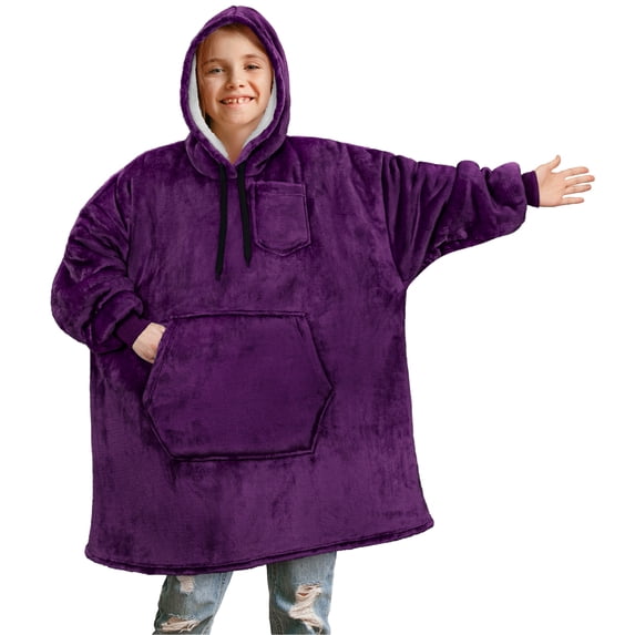 PAVILIA Wearable Blanket Sweatshirt for Kids Boy Girl Purple, Warm Cozy Giant Blanket Hoodie, Fleece Sherpa Oversized Blanket Sweatshirt with Sleeves, Big Pocket, Christmas Gift