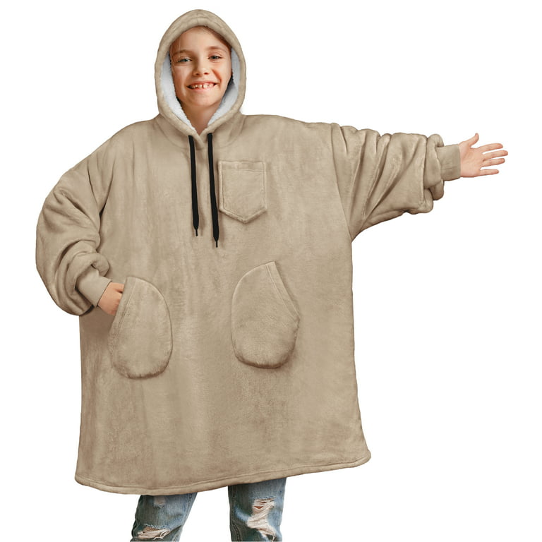 PAVILIA Wearable Blanket Sweatshirt for Kids Boy Girl Taupe Tan, Warm Cozy  Giant Blanket Hoodie, Fleece Sherpa Oversized Blanket Sweatshirt with