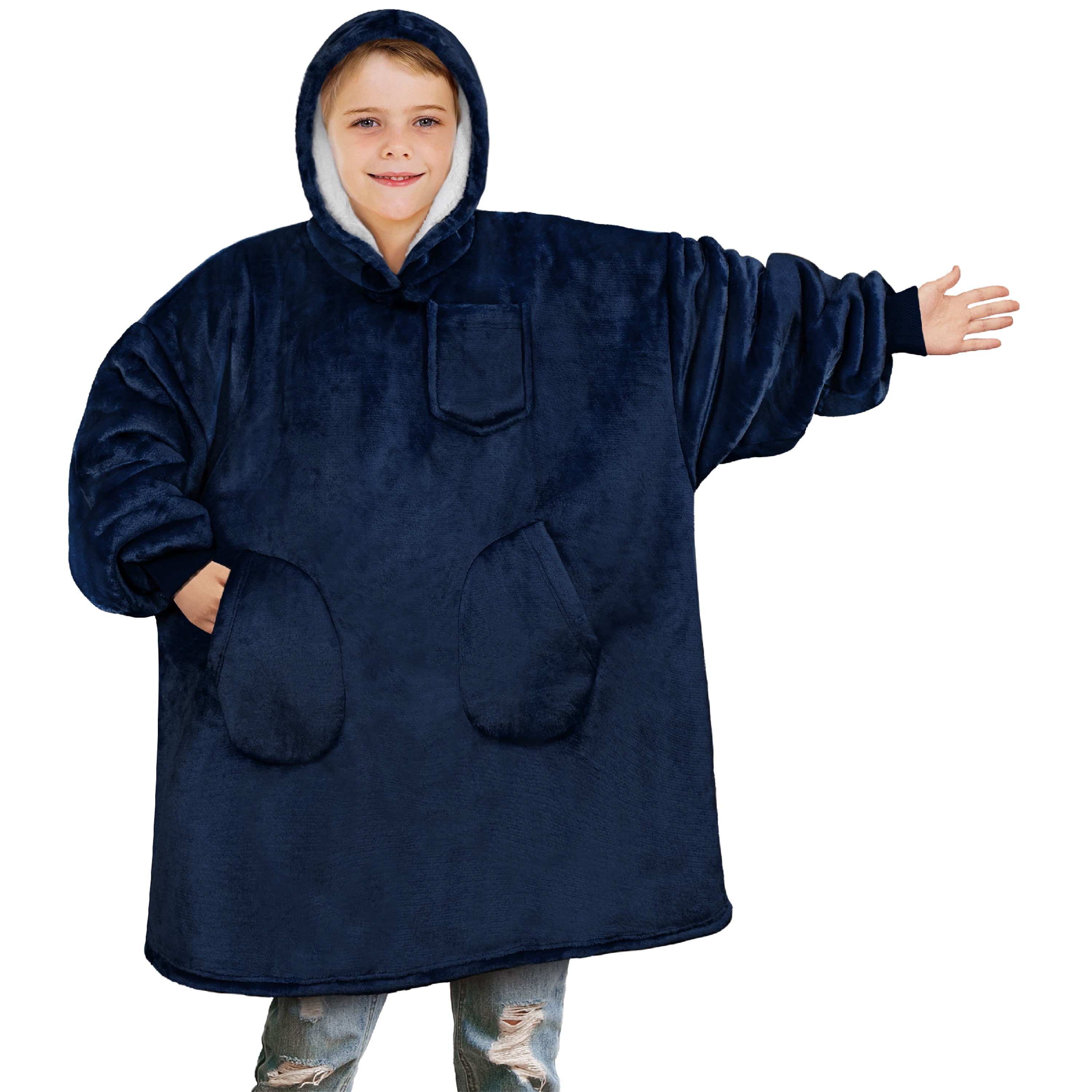 PAVILIA Wearable Blanket Sweatshirt for Kids Boy Girl, Warm Cozy Giant Hoodie with Two Pockets and Long Sleeves, Fleece Sherpa Oversized Hooded Blanket Pullover Gift for Teens Youths, Navy