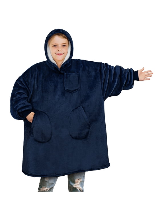 Wearable Blanket Sweatshirt for Kids Boy Girl, Warm Cozy Giant Hoodie with Two Pockets and Long Sleeves, Fleece Sherpa Oversized Hooded Blanket Pullover Gift for Teens Youths, Navy